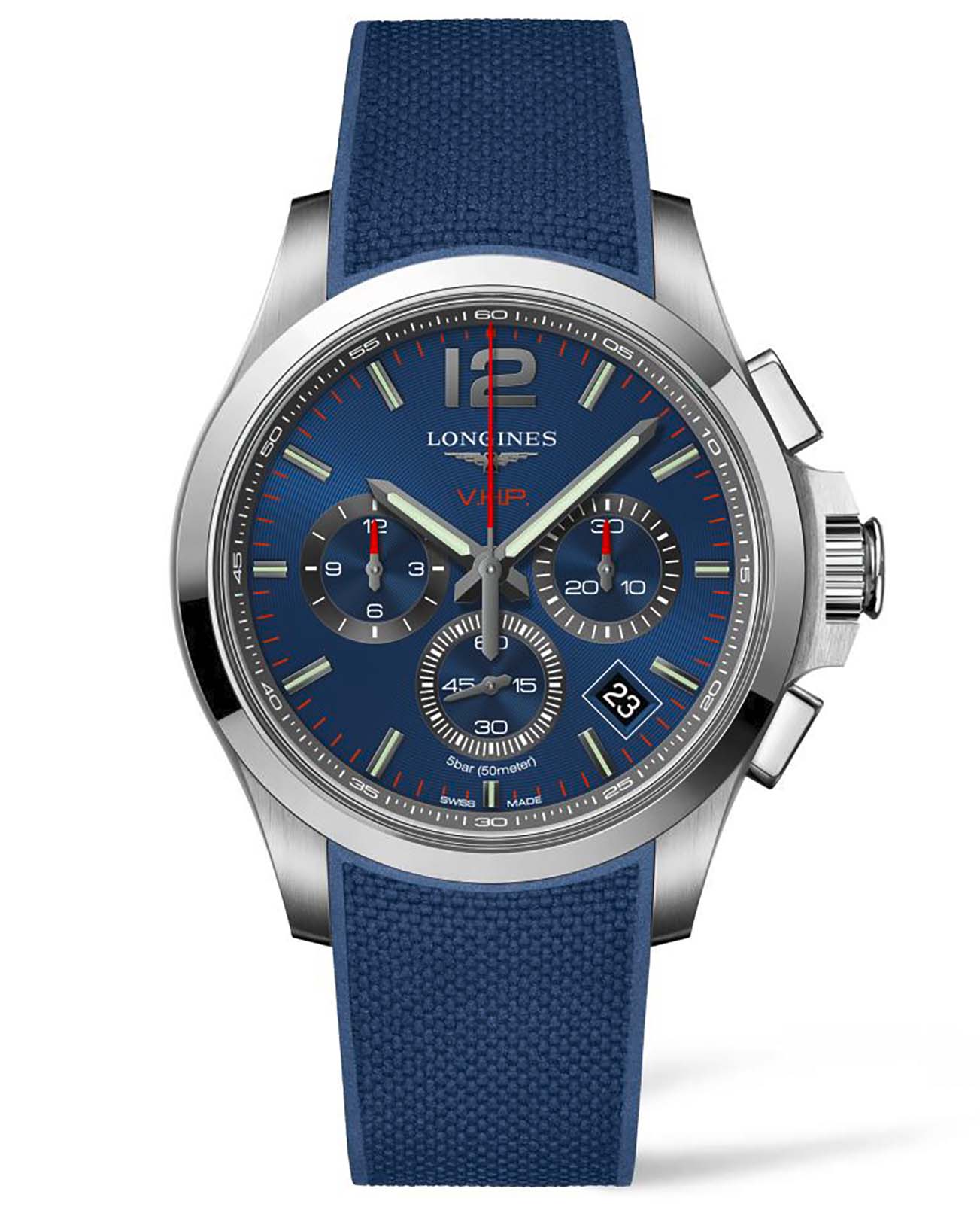 Longines Longines Conquest V.H.P. L3.717.4.96.9  L37174969 кварцевые мужские часы синий циферблат, браслет каучук — вид спереди